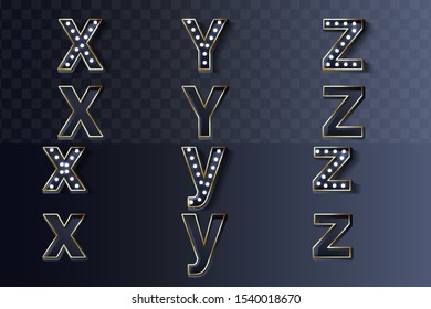 Vector illustration of realistic old alphabet lamp for easy whiteboard. Dark background and silver options. letters X-Z.