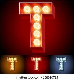 Vector illustration of realistic old lamp alphabet for light board. Red Gold and Silver options. Letter T