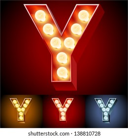 Vector illustration of realistic old lamp alphabet for light board. Red Gold and Silver options. Letter y