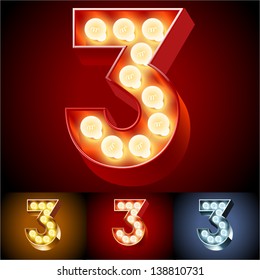 Vector illustration of realistic old lamp alphabet for light board. Red Gold and Silver options. Number 3