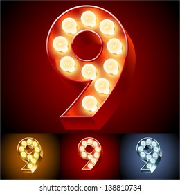 Vector illustration of realistic old lamp alphabet for light board. Red Gold and Silver options. Number 9