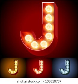 Vector illustration of realistic old lamp alphabet for light board. Red Gold and Silver options. Letter J