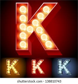 Vector illustration of realistic old lamp alphabet for light board. Red Gold and Silver options. Letter K