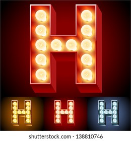 Vector illustration of realistic old lamp alphabet for light board. Red Gold and Silver options. Letter H