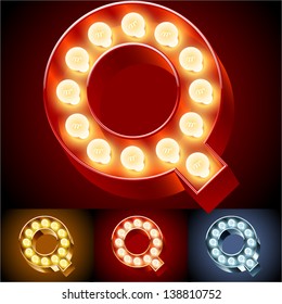 Vector illustration of realistic old lamp alphabet for light board. Red Gold and Silver options. Letter Q