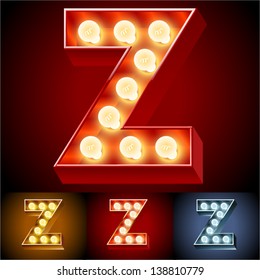 Vector illustration of realistic old lamp alphabet for light board. Red Gold and Silver options. Letter Z