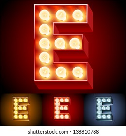 Vector illustration of realistic old lamp alphabet for light board. Red Gold and Silver options. Letter E