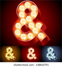 Vector illustration of realistic old lamp alphabet for light board. Red Gold and Silver options. Symbols