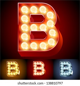 Vector illustration of realistic old lamp alphabet for light board. Red Gold and Silver options. Letter B