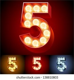 Vector illustration of realistic old lamp alphabet for light board. Red Gold and Silver options. Number 5