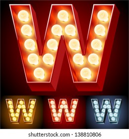 Vector illustration of realistic old lamp alphabet for light board. Red Gold and Silver options. Letter W