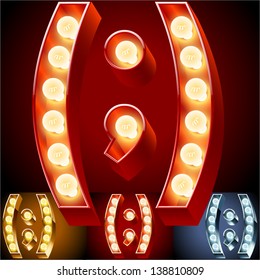 Vector illustration of realistic old lamp alphabet for light board. Red Gold and Silver options. Symbols