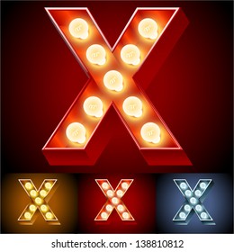 Vector illustration of realistic old lamp alphabet for light board. Red Gold and Silver options. Letter x