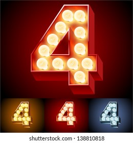 Vector illustration of realistic old lamp alphabet for light board. Red Gold and Silver options. Number 4
