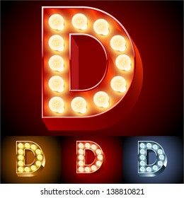 Vector illustration of realistic old lamp alphabet for light board. Red Gold and Silver options. Letter D