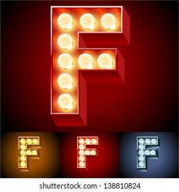 Vector illustration of realistic old lamp alphabet for light board. Red Gold and Silver options. Letter F