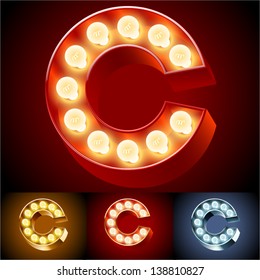 Vector illustration of realistic old lamp alphabet for light board. Red Gold and Silver options. Letter C