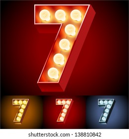 Vector illustration of realistic old lamp alphabet for light board. Red Gold and Silver options. Number 7