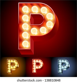 Vector illustration of realistic old lamp alphabet for light board. Red Gold and Silver options. Letter P