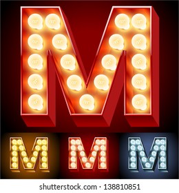 Vector illustration of realistic old lamp alphabet for light board. Red Gold and Silver options. Letter M