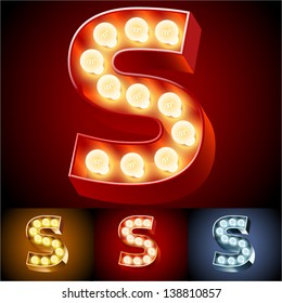 Vector illustration of realistic old lamp alphabet for light board. Red Gold and Silver options. Letter S