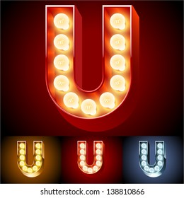 Vector illustration of realistic old lamp alphabet for light board. Red Gold and Silver options. Letter U