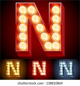 Vector illustration of realistic old lamp alphabet for light board. Red Gold and Silver options. Letter N