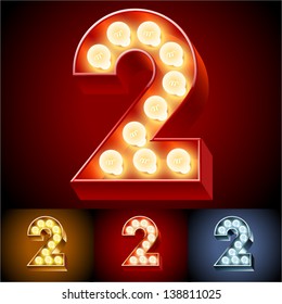 Vector illustration of realistic old lamp alphabet for light board. Red Gold and Silver options. Number  2