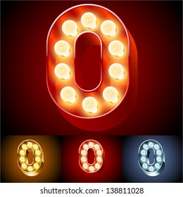 Vector illustration of realistic old lamp alphabet for light board. Red Gold and Silver options. Number  0