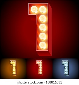 Vector illustration of realistic old lamp alphabet for light board. Red Gold and Silver options. Number  1