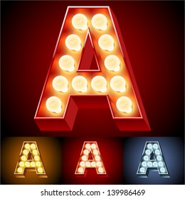 Vector illustration of realistic old lamp alphabet for light board. Red Gold and Silver options. Letter A