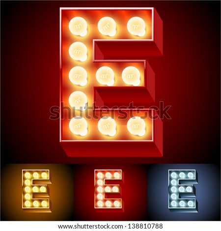 Vector illustration of realistic old lamp alphabet for light board. Red Gold and Silver options. Letter E