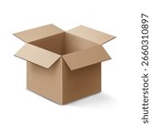 Vector illustration of realistic open cardboard box isolated on white background. For packaging design, delivery concepts, logistics, and e-commerce projects.Use in print and web design.