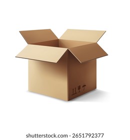 Ilustração vetorial de caixa de papelão aberta e realista isolada sobre fundo branco. Perfeito para projetos de design de embalagens, conceitos de entrega, logística e e-commerce. 