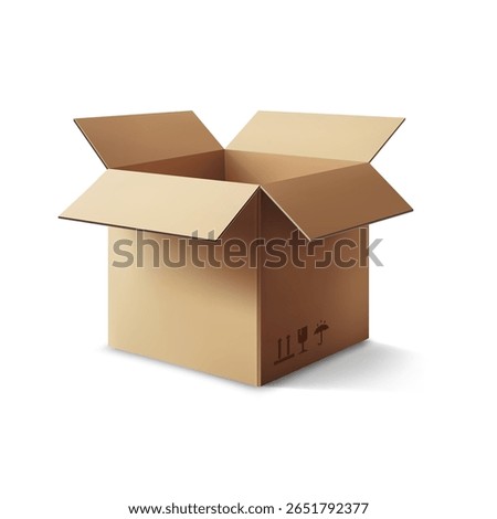 Vector illustration of realistic open cardboard box isolated on white background. Perfect for packaging design, delivery concepts, logistics, and e-commerce projects. 
