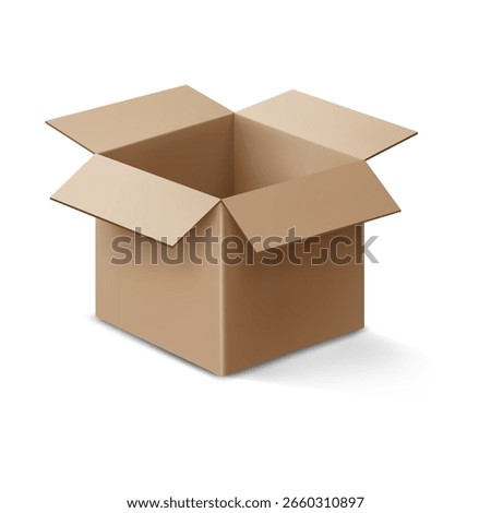 Vector illustration of realistic open cardboard box isolated on white background. For packaging design, delivery concepts, logistics, and e-commerce projects.Use in print and web design.