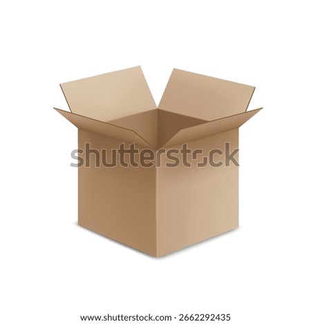 Vector illustration of realistic open cardboard box isolated on white background. Perfect for packaging design, delivery concepts, logistics, and e-commerce projects. 