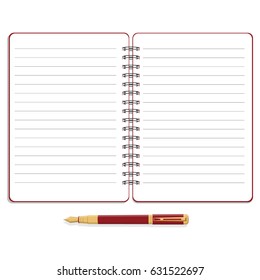 Vector illustration realistic open diary, planner or notebook and fountain pen. Office and business supplies for lists, reminders, schedules or agendas.