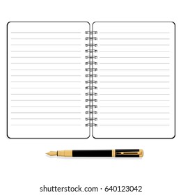 Vector illustration realistic open diary, planner or notebook and fountain pen. Office and business supplies for lists, reminders, schedules or agendas.