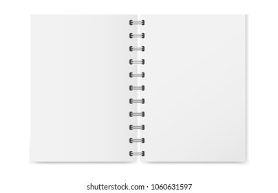 Vector illustration of a realistic open exercise book with a silver spiral. Vertical blank business notebook on metal rings.