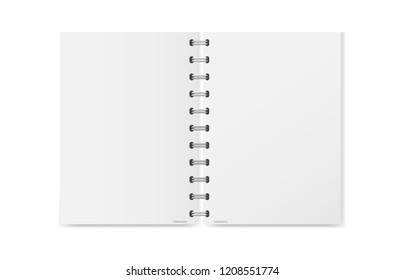 Vector illustration of a realistic open exercise book with a silver spiral. Vertical blank business notebook on metal rings.  Layers grouped for easy editing illustration. For your design.