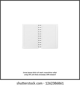 Vector illustration of a realistic open exercise book with a silver spiral. Vertical blank business notebook  in a cage on metal rings on white isolated background. 