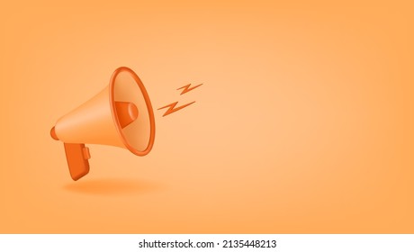 vector illustration realistic orange loudspeaker 3d on yellow orange background copy space. concept of announcement, attracting attention, news