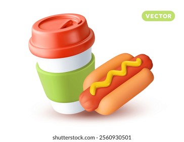 Vector illustration of realistic paper coffee cup and hot dog with mustard sauce on white color background. 3d style cartoon design of take away coffee cup and roast sausage in bun with shadow