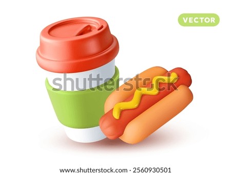 Vector illustration of realistic paper coffee cup and hot dog with mustard sauce on white color background. 3d style cartoon design of take away coffee cup and roast sausage in bun with shadow