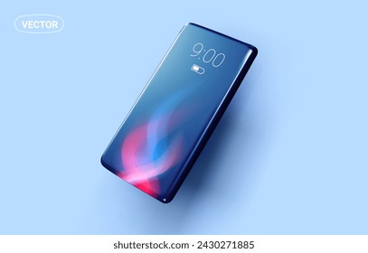 Vektor-Illustration des realistischen Telefons mit dunklem Farbbildschirm mit Flamme auf blauem Hintergrund. 3D-Stil Design von Smartphone für Web, Website, Banner, Poster