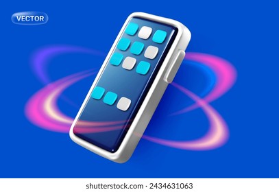 Vector illustration of realistic phone with dark color screen with app icon and circle flame on blue background. 3d style design of smart phone for web, site, banner, poster