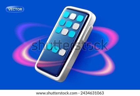Vector illustration of realistic phone with dark color screen with app icon and circle flame on blue background. 3d style design of smart phone for web, site, banner, poster