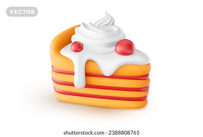 Vector illustration of realistic piece of cake with cream and berry on white background. 3d style design of cake with whipped cream. Sweet food for web, site, banner, greeting card