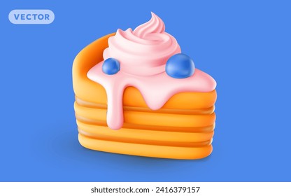 Vector illustration of realistic piece of cake with cream and berry on blue background. 3d style design of cake with whipped cream. Sweet food for web, site, banner, greeting card